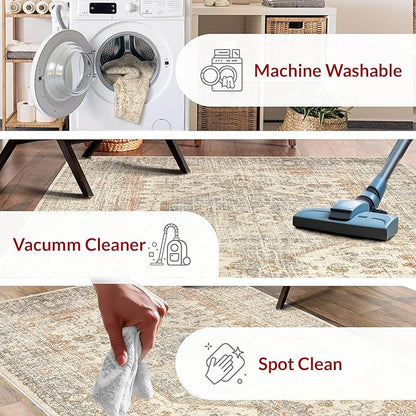 nuLOOM 2x10 Machine Washable Rain Haven Vintage Medallion Area Rug, Light Grey, Traditional Faded Design, Non-Slip Backing, Stain Resistant, For Bedroom, Dining Room, Living Room, Kitchen