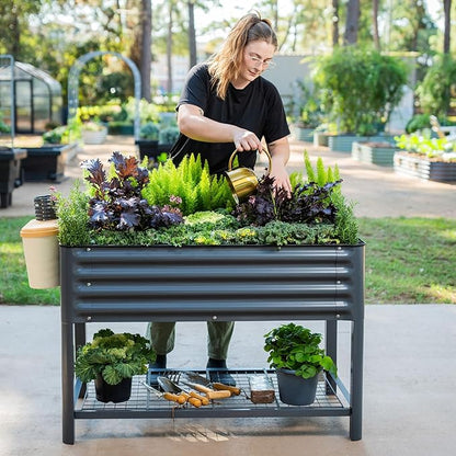 Elevated Raised Garden Bed-V Series, 2' x 4' Garden Beds with Legs & Storage Rack for Patio Porch, 700 Lbs Weight Capacity, Outdoor Planter Boxes for Gardening Herbs Vegetables Flowers, Pearl White