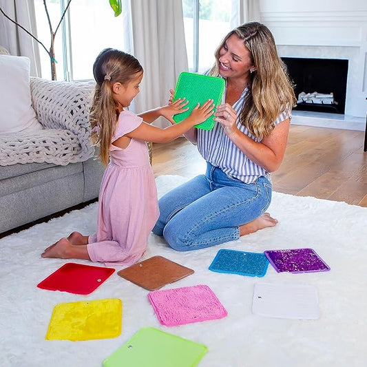 Sensory Mat Set - 9 Square 8.6-Inch Sensory Tiles for Sensory Wall, Floor & More - Mixed Colors & Textures Provide Fun Play-Based Learning for Kids Ages 3-8 - Includes Sensory Maze & Storage Bag
