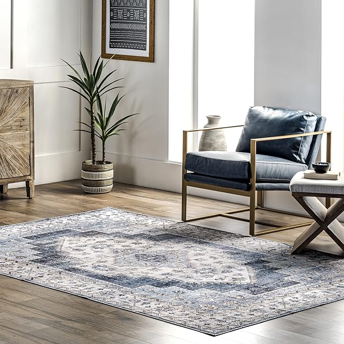 nuLOOM Dania Machine Washable Medallion Ultra Thin Area Rug, 3' x 5', Navy