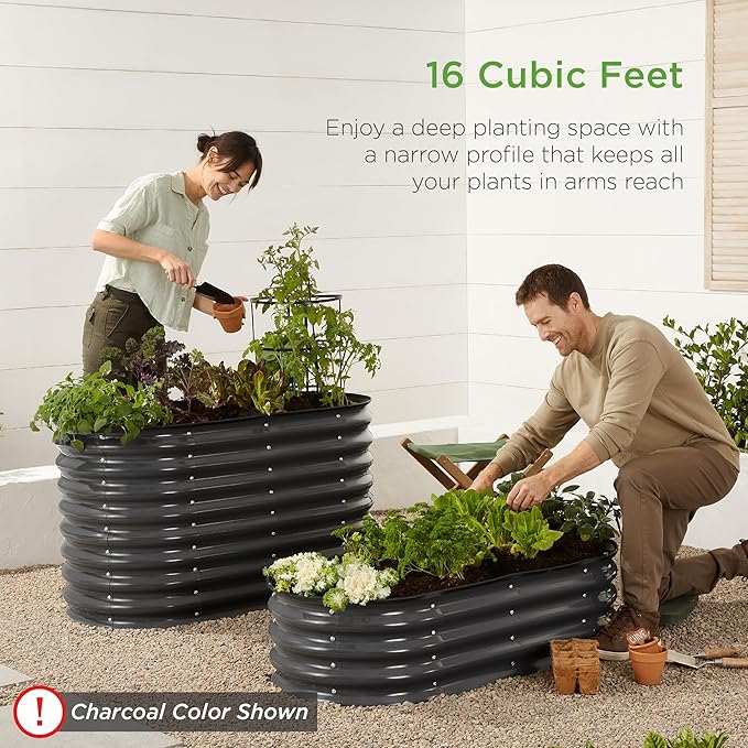 Best Choice Products 4x2x2ft Outdoor Metal Raised Garden Bed, Oval Deep Root Planter Box for Vegetables, Flowers, Herbs, and Succulents w/ 101 Gallon Capacity, Rubber Edge Guard - Taupe