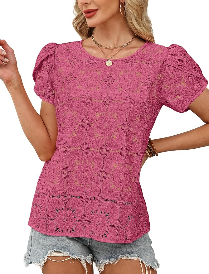 OFEEFAN Blouses for Women Dressy Casual Petal Short Sleeve Shirts Crochet Lace Boho Tops Spring Fashion Summer Outfits