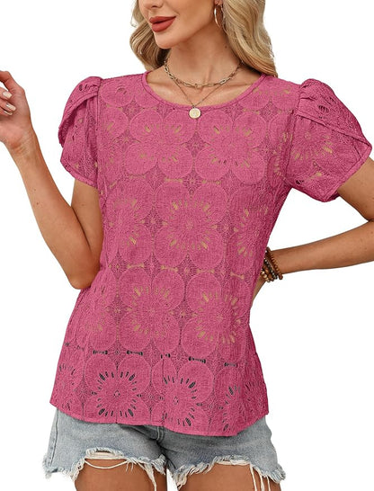 OFEEFAN Blouses for Women Dressy Casual Petal Short Sleeve Shirts Crochet Lace Boho Tops Spring Fashion Summer Outfits