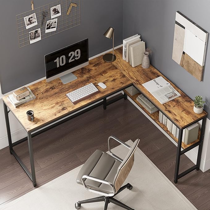 BANTI L Shaped Desk, 55.1 inch Corner Computer Desk with Storage Shelves, Study Writing Table Workstation with Open Shelves for Home Office, Brown