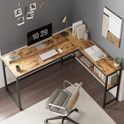 BANTI L Shaped Desk, 55.1 inch Corner Computer Desk with Storage Shelves, Study Writing Table Workstation with Open Shelves for Home Office, Brown
