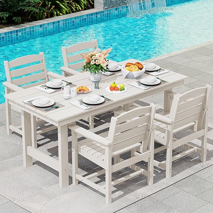 SERWALL HDPE Outdoor Dining Table for 6, 67" Rectangle Patio Dining Table with Umbrella Hole, White