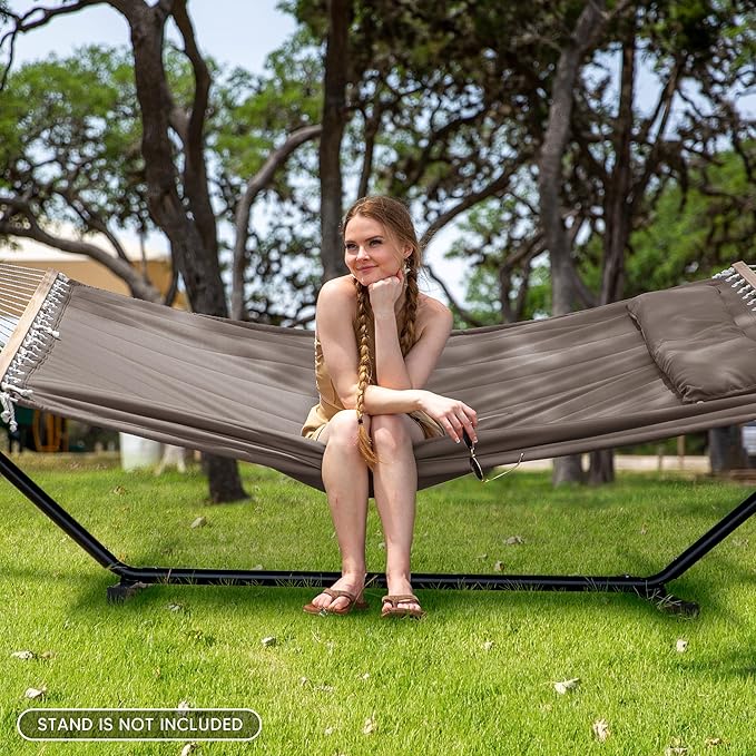 SUNCREAT Double Quilted Hammock with Hardwood Spreader Bar, Extra Large Soft Pillow, Heavy Duty 2 Person Hammock for Indoor, Outdoor, Brown