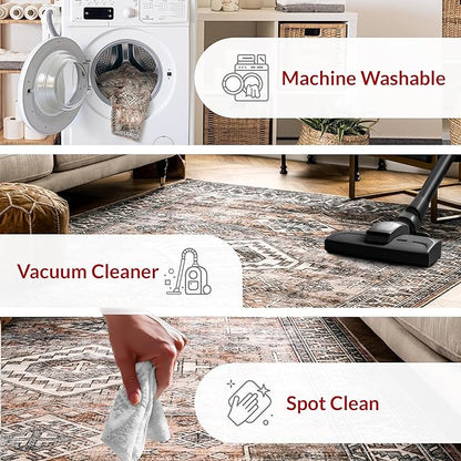 nuLOOM 2x3 Machine Washable Rain Haven Vintage Medallion Area Rug, Rust, Traditional Faded Design, Non-Slip Backing, Stain Resistant, For Bedroom, Dining Room, Living Room, Kitchen