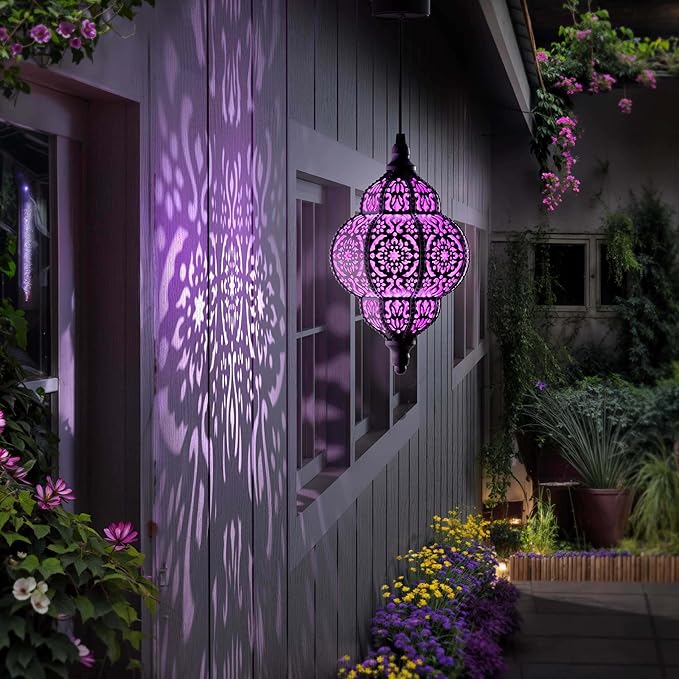 Hanging Solar Lights Outdoor Garden Decor Solar Lantern Waterproof Plastic Moroccan Outdoor Decorations for Patio Pathway Yard Backyard Garden Decorative (2, Purple)