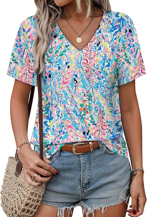 Alaroo Womens Summer Tops 2026 V Neck Short Sleeve Shirts Trendy Dressy Casual Vacation Outfits Printed