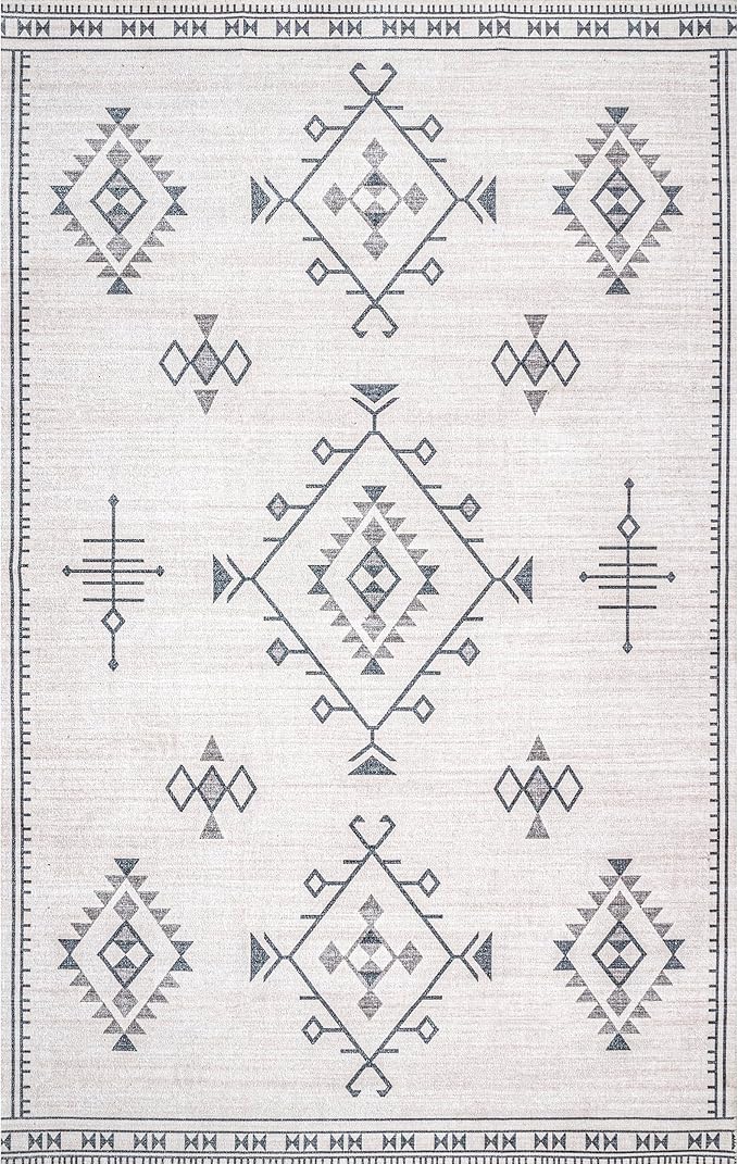 nuLOOM Evalyn Southwestern Machine Washable Ultra Thin Area Rug, 9' x 12', Cream