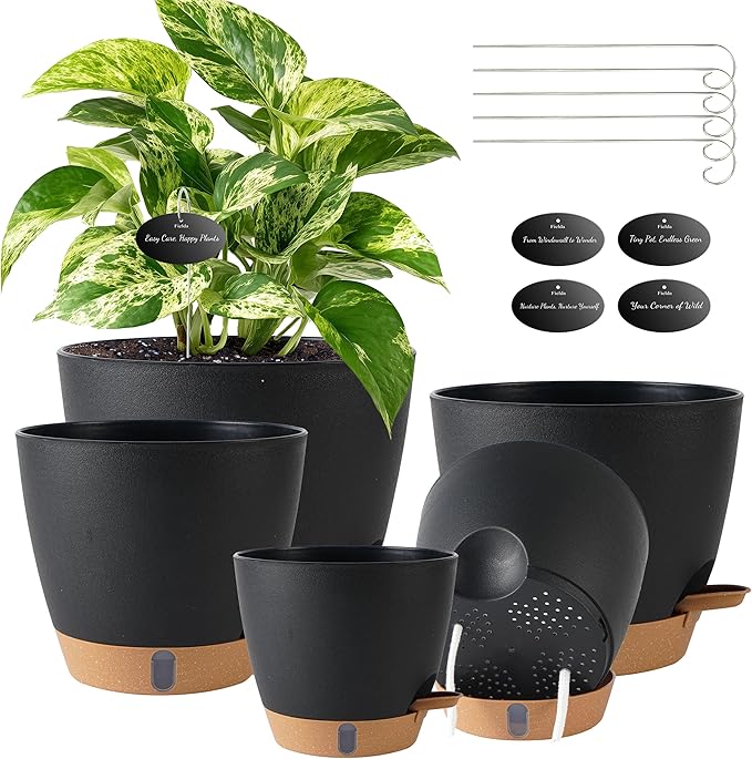 Self Watering Pots for Inoor Ourdoor Plants 8/7/6.5/6/5 Inch Plastic Planters with Drainage Holes & Water Level Indicator, Decorative House Flower Nursery Planting Pots with Saucers (Black)