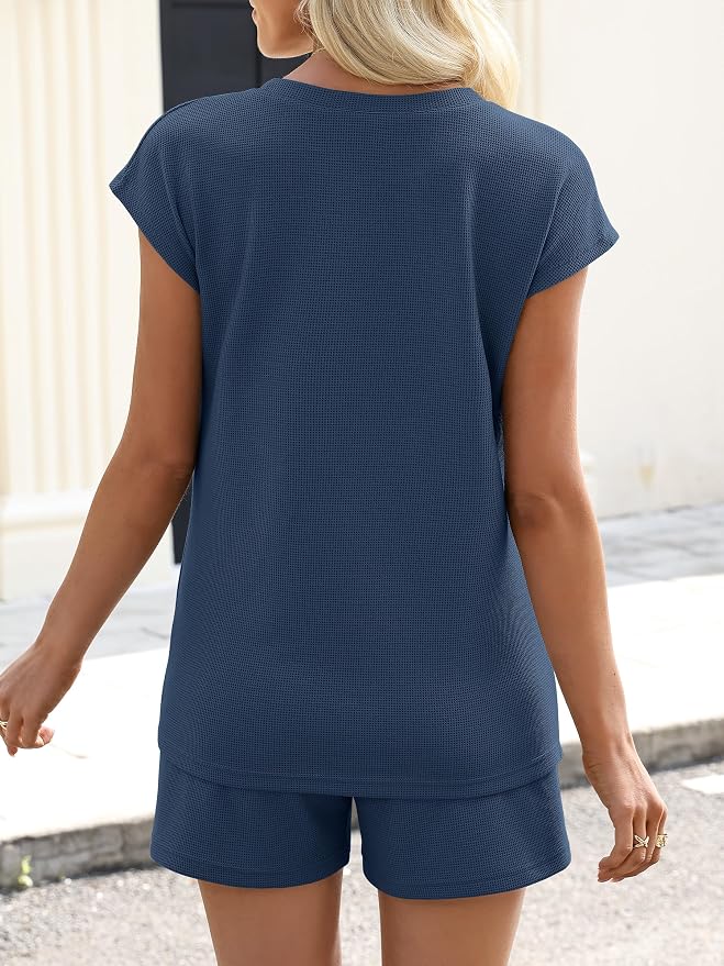 ANRABESS Womens Waffle Knit 2 Piece Short Sets Cap Sleeve Summer 2026 Matching Lounge Outfits Travel Beach Vacation Sweatsuit