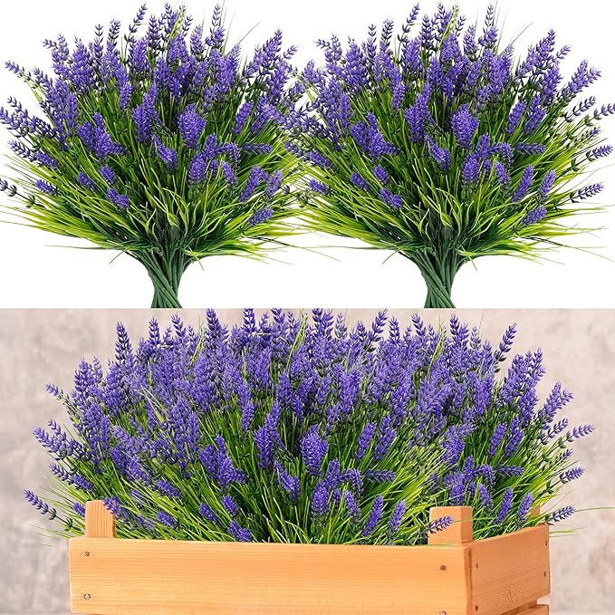 ZINHO 24 Bundles Artificial Flowers Outdoor, Faux Lavender Flowers with Grass UV Resistant Artificial Plants for Outdoor Outside Hanging Planter Window Box Garden Patio Front Porch Decor