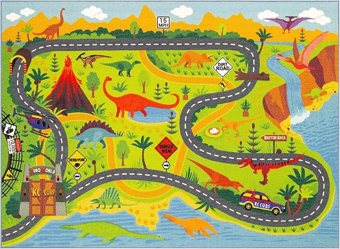 KC Cubs Playtime Collection Dinosaur Dino Safari Road Map Educational Learning & Game Area Rug Carpet for Kids and Children Bedrooms and Playroom (3'3" x 4'7")
