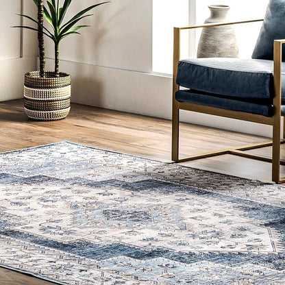 nuLOOM Dania Machine Washable Medallion Ultra Thin Area Rug, 8' x 10', Navy