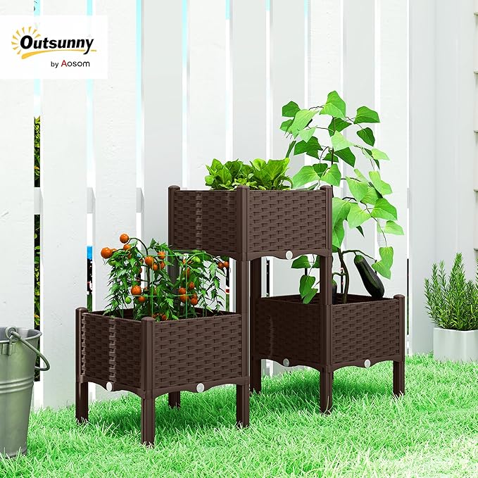 Outsunny Plastic Raised Garden Bed with Legs, Self Watering Elevated Planter Boxes with Drainage Holes and Plugs, Easy Assembly Outdoor Planter Box for Patio Yard Balcony, Vegetables, Flowers, Herbs