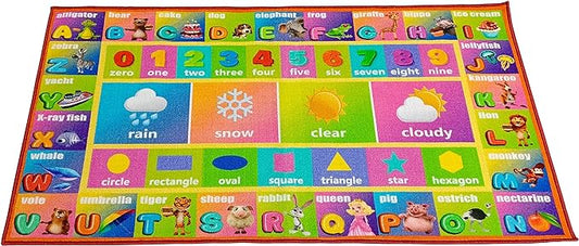 Kids Education Rug Carpet Playmat - ABC Alphabet, Numbers, Shapes and Weather, Extra Large Learn Have Fun Safe, Children's Educational, Multi Color Activity Centerpiece Play Mat! for Bedroom Playroom