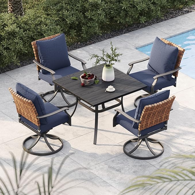 Grand patio 5-Piece Outdoor Dining Set, 4 Leather-Look Wicker Swivel Blue Patio Chairs & 1 Square Dining Table, Black