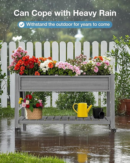 YEFU Raised Garden Bed with Legs: 57x18x30in Elevated Poly Planter with Wheels,Waterproof Mobile Raised Bed Garden, Elevated Planter Box Stand with Storage Shelf,for Deck,Patio,Porch,Yard (Grey,4pcs)
