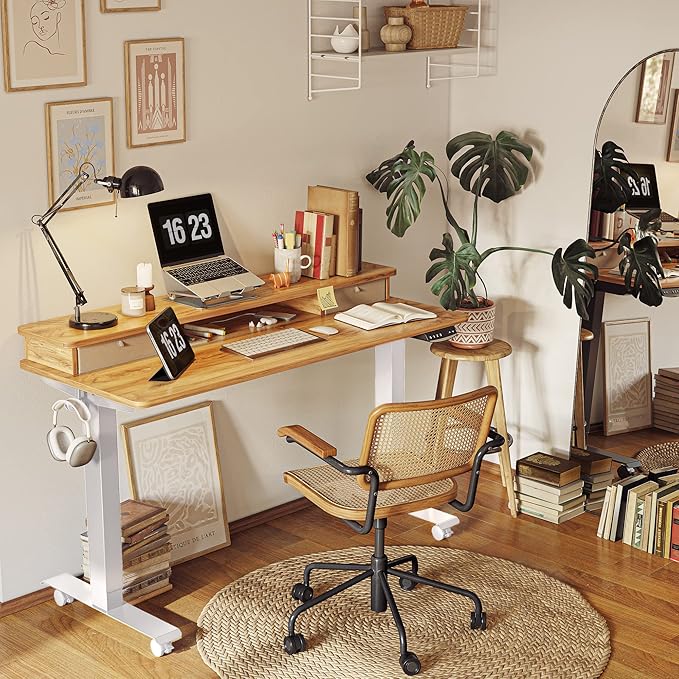 FEZIBO 60 x 24 Inch Height Adjustable Electric Standing Desk with Double Drawer, Stand Up Desk with Storage Shelf, Sit Stand Desk, Light Rustic