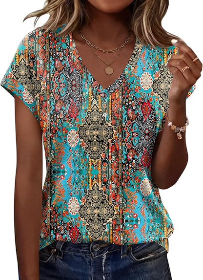 Rapbin Womens Summer Tops Women Blouses Dressy Casual V Neck T Shirts Short Sleeve Spring Tops for Women
