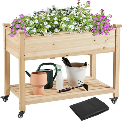 Yaheetech 42x23x33in Wooden Raised Garden Bed with Wheels Horticulture Flower Planter Boxes Elevated Vegetables Growing Bed for Grow Herbs and Vegetables