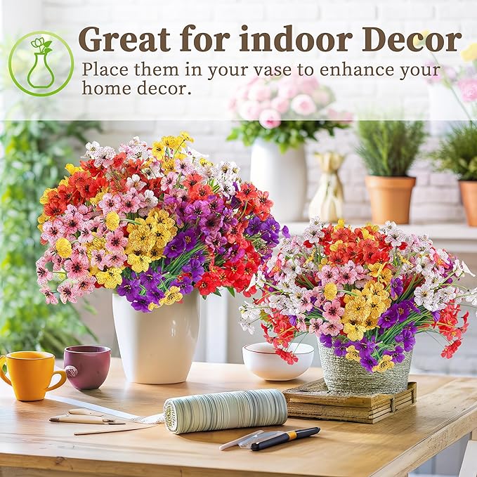 24 Bundles Artificial Flowers for Outdoors/Indoors, Fake Flowers Plants for Indoor Outside Garden Porch Window Box Home Wedding Farmhouse(8 Color)