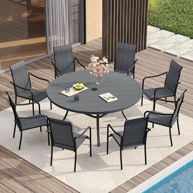 VICLLAX 53" Outdoor Round Patio Table for Lawn Garden, All Weather Metal Round Patio Dining Table with Adjustable Umbrella Hole, Patio Table for 8 Person, Grey