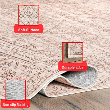 nuLOOM Shontal Traditional Machine Washable Ultra Thin Area Rug, 4' x 6', Beige
