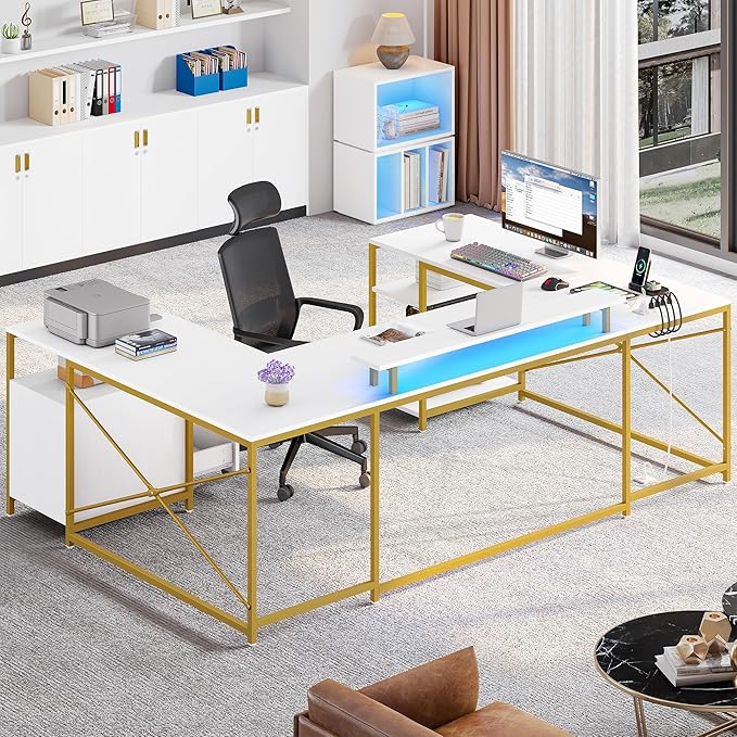 YITAHOME U Shaped Desk with Power Outlets & LED Lights, 79" Reversible L Shaped Desk with Drawers, Corner Computer Desk Office Desk with Monitor Stand & Storage Shelves, White & Gold