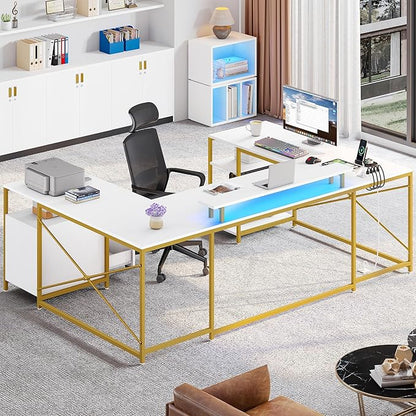 YITAHOME U Shaped Desk with Power Outlets & LED Lights, 79" Reversible L Shaped Desk with Drawers, Corner Computer Desk Office Desk with Monitor Stand & Storage Shelves, White & Gold