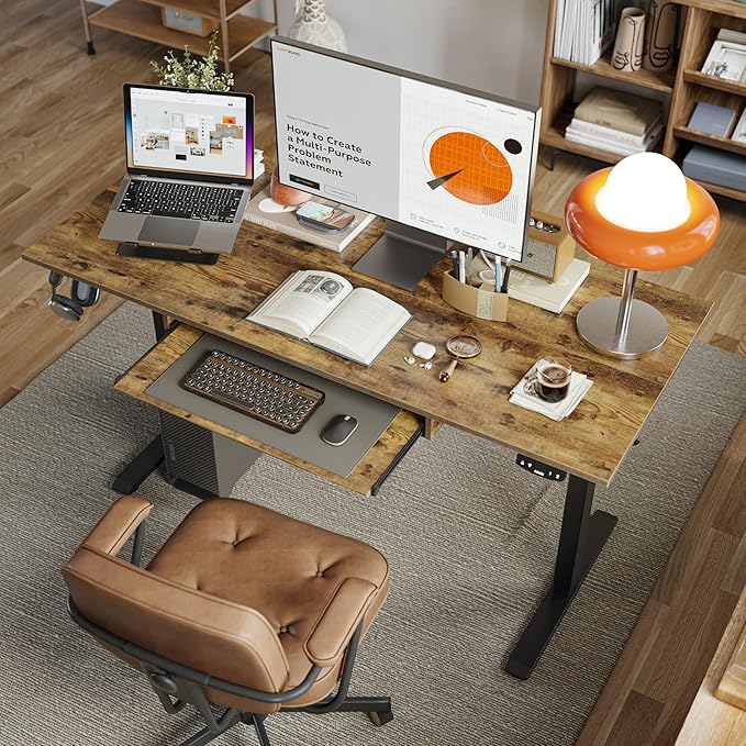 Height Adjustable Desk with Keyboard Tray, 48 x 24 Inches Electric Standing Desk, Stand up Computer Table with Memory Preset, Modern Lift Motorized Gaming Workstation, Rustic Brown