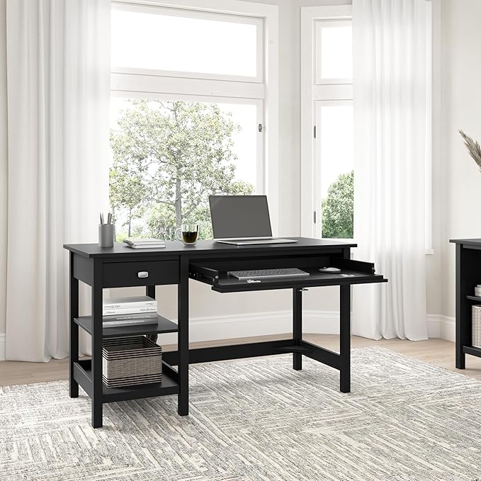 Bush Furniture Broadview 54W Computer Desk with Shelves in Classic Black| Personal Workstation Table and Storage for Home Office Workspace