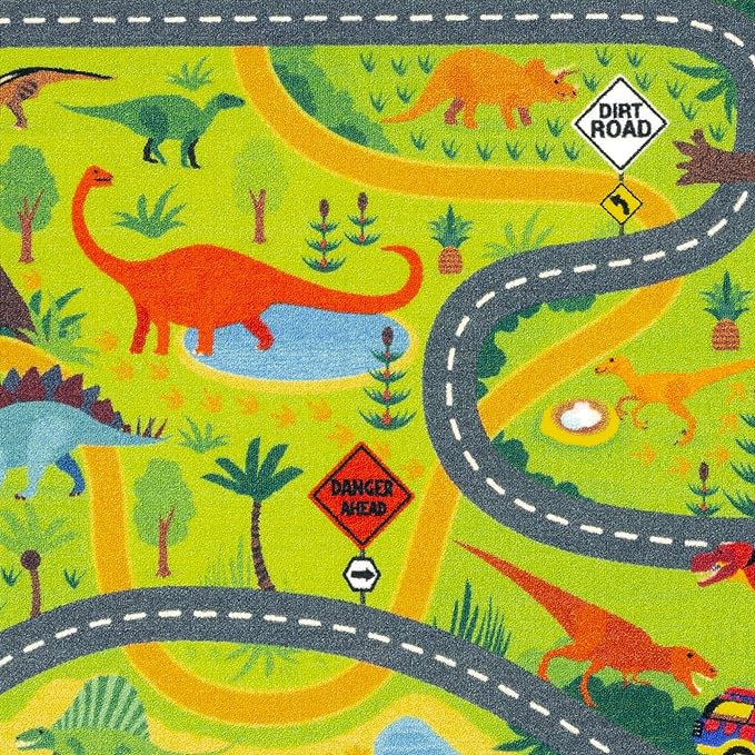 KC Cubs Playtime Collection Dinosaur Dino Safari Road Map Educational Learning & Game Area Rug Carpet for Kids and Children Bedrooms and Playroom (3'3" x 4'7")