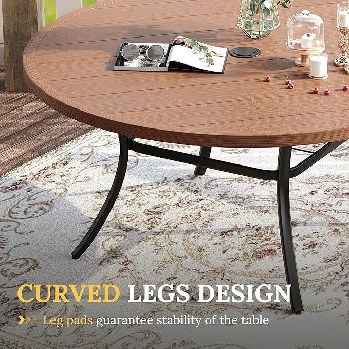 VICLLAX 60" Outdoor Round Patio Table for Lawn Garden, All Weather Metal Round Patio Dining Table with Adjustable Umbrella Hole, Oudoor Table for 8-10 Person, Walnut Wood-Like Tabletop