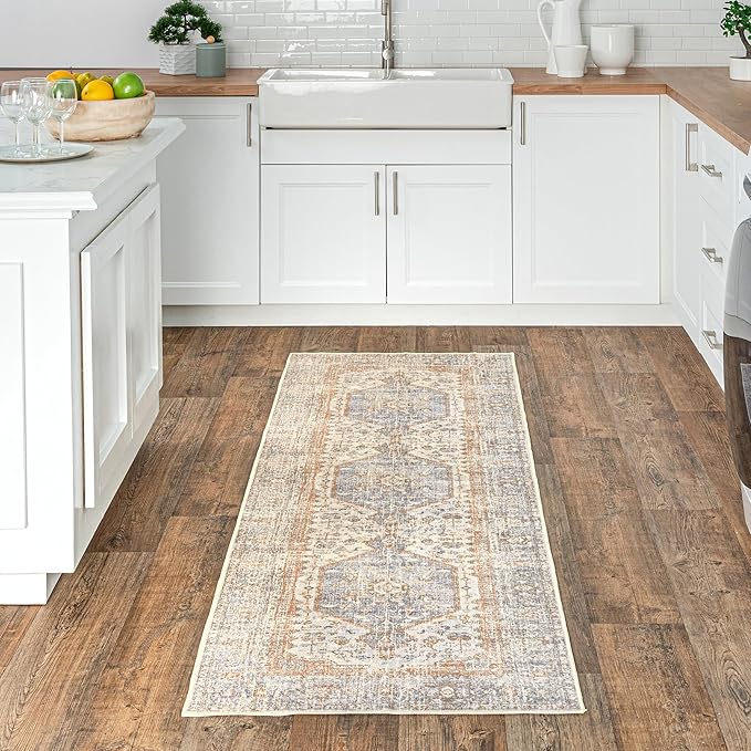 nuLOOM 2x10 Machine Washable Rain Haven Vintage Medallion Area Rug, Light Grey, Traditional Faded Design, Non-Slip Backing, Stain Resistant, For Bedroom, Dining Room, Living Room, Kitchen