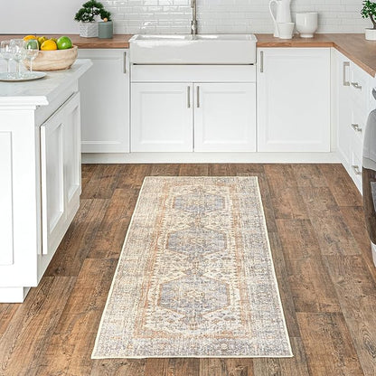 nuLOOM 2x10 Machine Washable Rain Haven Vintage Medallion Area Rug, Light Grey, Traditional Faded Design, Non-Slip Backing, Stain Resistant, For Bedroom, Dining Room, Living Room, Kitchen