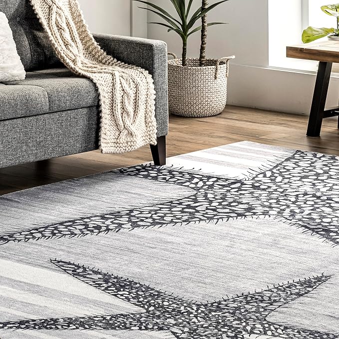 nuLOOM Starfish and Stripes Machine Washable Ultra Thin Runner Rug, 2' 6" x 8', Light Grey