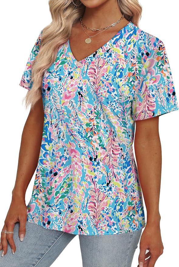 Alaroo Womens Summer Tops 2026 V Neck Short Sleeve Shirts Trendy Dressy Casual Vacation Outfits Printed