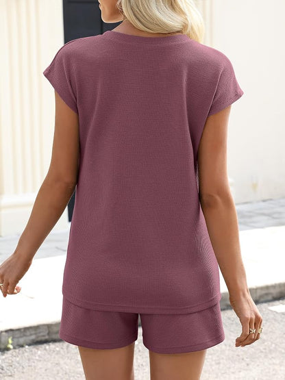 ANRABESS Womens Waffle Knit 2 Piece Short Sets Cap Sleeve Summer 2026 Matching Lounge Outfits Travel Beach Vacation Sweatsuit