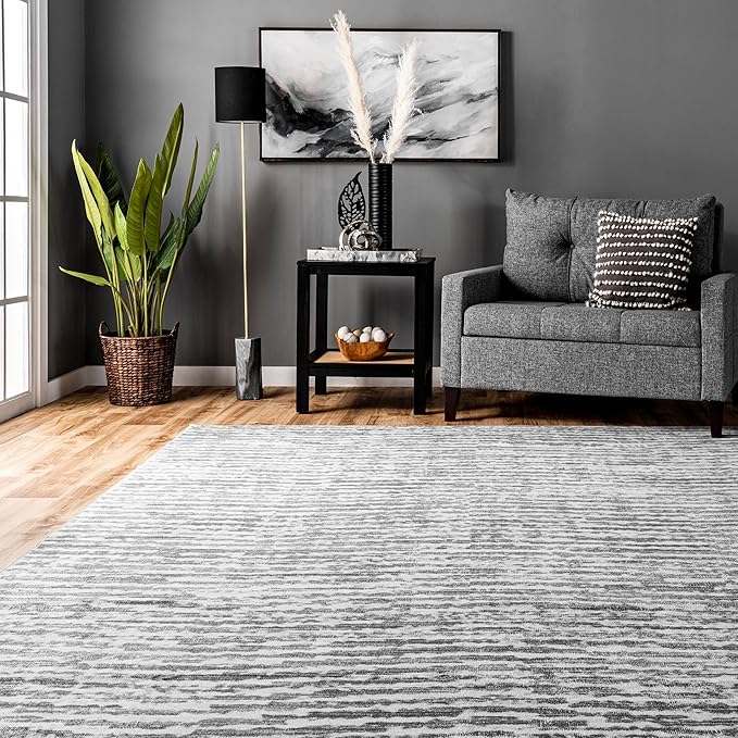 nuLOOM Avelina Abstract Stripes Machine Washable Ultra Thin Area Rug, 3' x 5', Light Grey