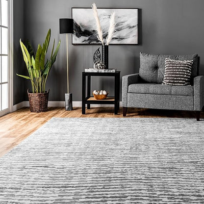 nuLOOM Avelina Abstract Stripes Machine Washable Ultra Thin Area Rug, 3' x 5', Light Grey