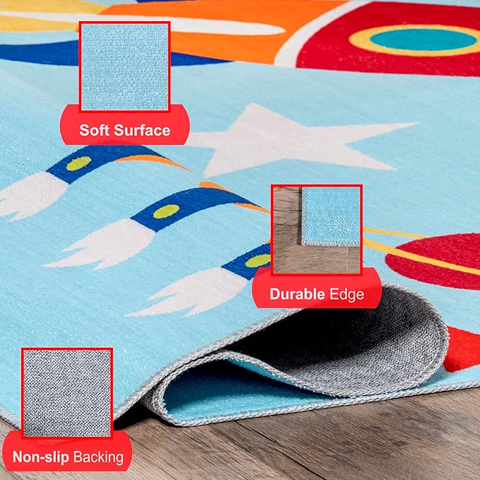 nuLOOM Eddie Outer Space Machine Washable Kids Ultra Thin Area Rug, 7' x 9', Light Blue Multi