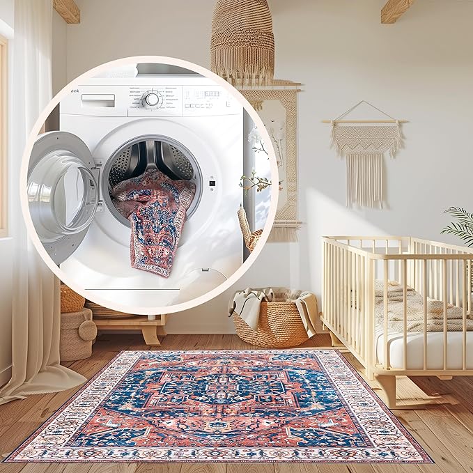 nuLOOM 4x6 Machine Washable Rain Haven Vintage Medallion Area Rug, Rust, Traditional Faded Design, Non-Slip Backing, Stain Resistant, For Bedroom, Dining Room, Living Room, Kitchen