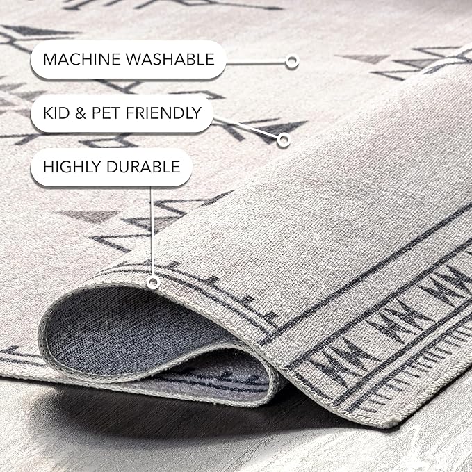 nuLOOM Evalyn Southwestern Machine Washable Ultra Thin Area Rug, 9' x 12', Cream