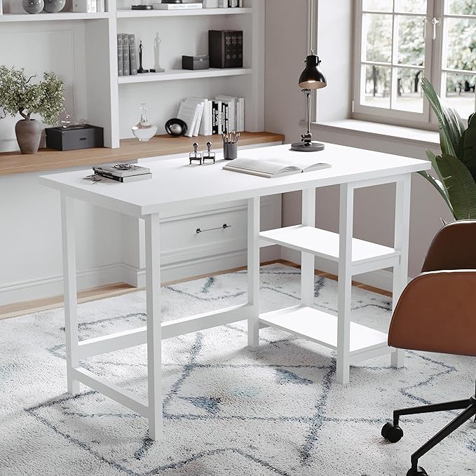 Martha Stewart Beckett Modern Trestle Desk with Open Side Shelving in White Wood Grain Finish