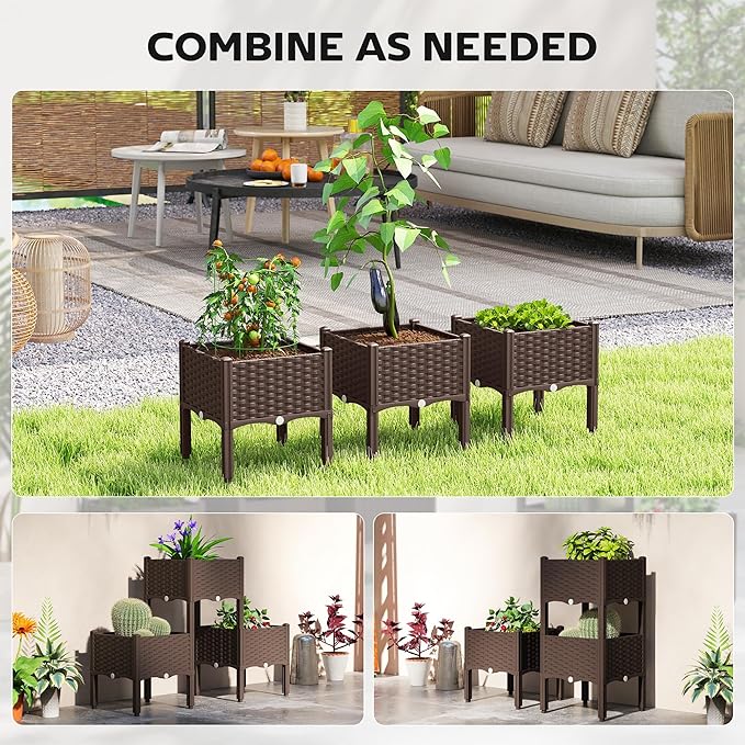 Outsunny Plastic Raised Garden Bed with Legs, Self Watering Elevated Planter Boxes with Drainage Holes and Plugs, Easy Assembly Outdoor Planter Box for Patio Yard Balcony, Vegetables, Flowers, Herbs