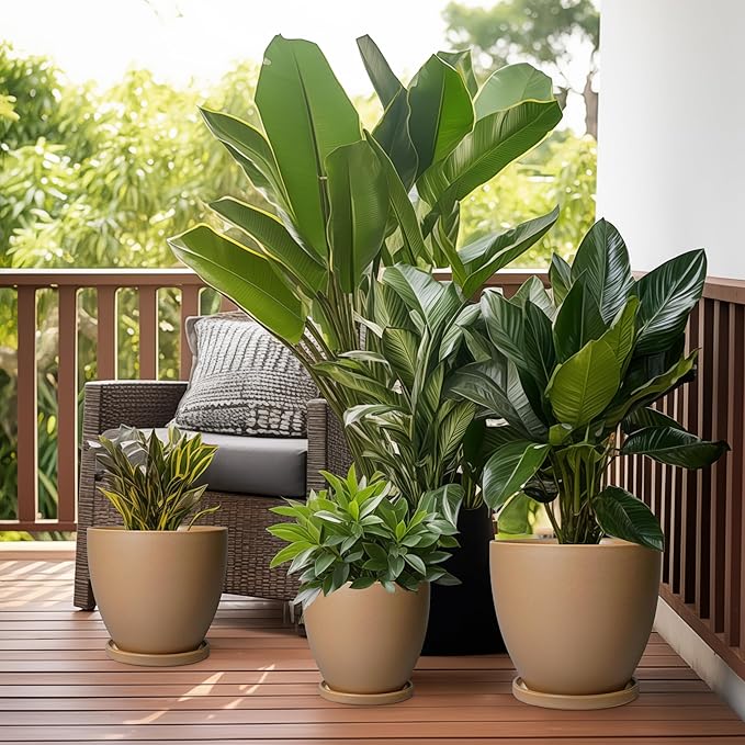 Ceramic Pots for Plants - 8 Inch Planter, Indoor Plant Pot with Drainage Hole and Saucers, Modern Flower Planter, Home Garden Patio Bathroom Porch Room Decor, Brown