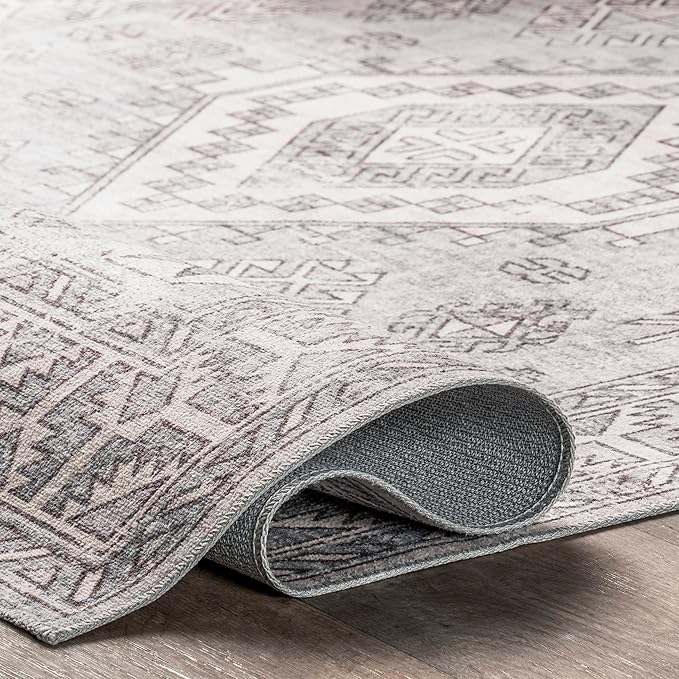 nuLOOM 5x8 Machine Washable Rain Haven Vintage Medallion Area Rug, Grey, Traditional Faded Design, Non-Slip Backing, Stain Resistant, For Bedroom, Dining Room, Living Room, Kitchen